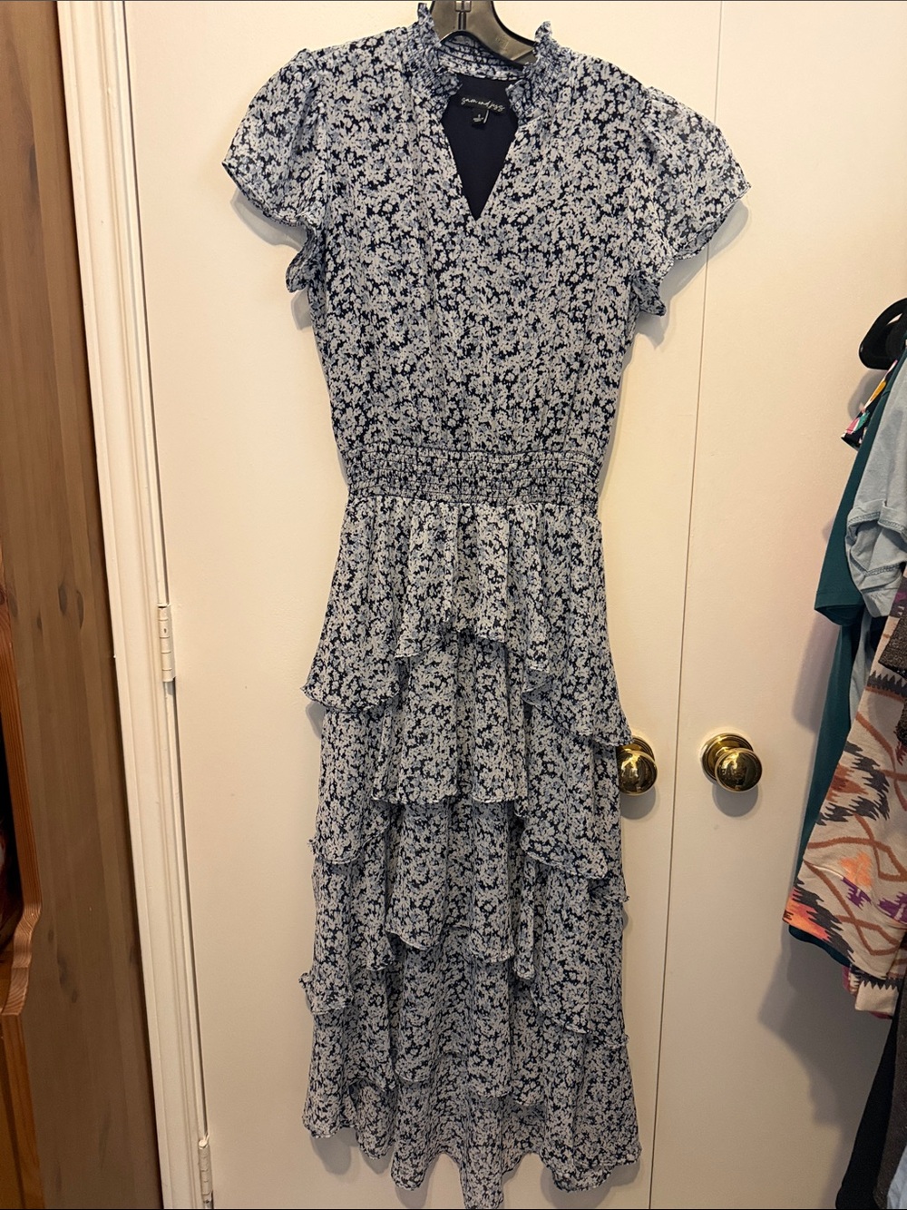 Smocked Waist Blue Floral Maxi Dress with Tiered Ruffle Skirt